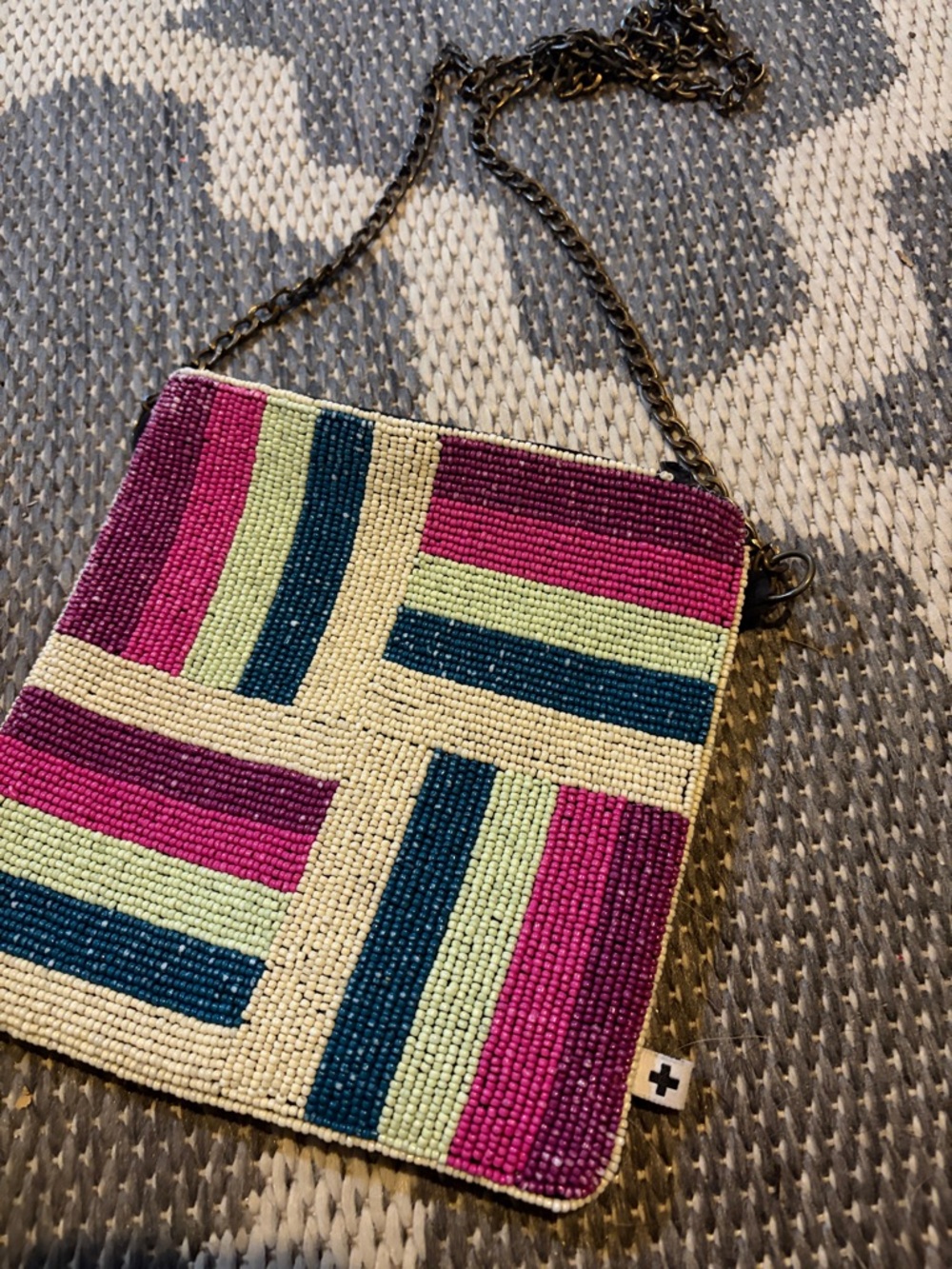 Hand-Beaded Crossbody Bag in Fuchsia, Teal & Cream
